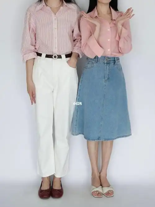 158和166身高差闺蜜穿搭粉色衬衫惹人爱