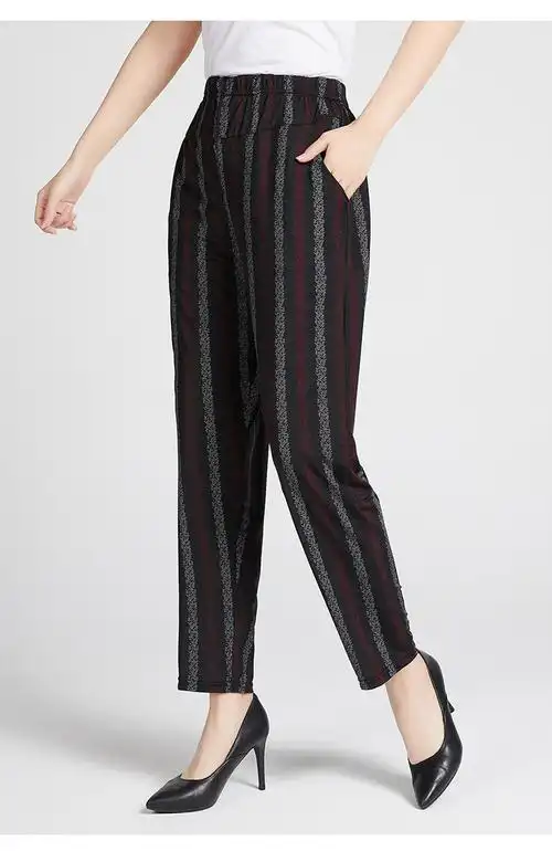 中老年冰丝女裤薄款夏季妈妈弹力花裤子中年松紧高腰显瘦九分裤女