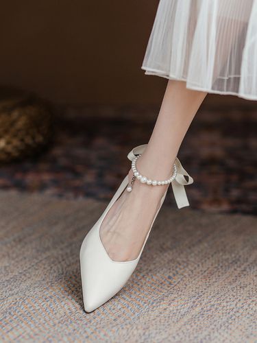 淑女珍珠白色高跟鞋小跟春夏小众粗跟婚鞋皮面法式单鞋中跟