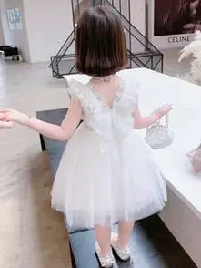 儿童露肩露背连衣裙白纱裙夏季礼服白色公主裙女童夏女孩裙子夏装