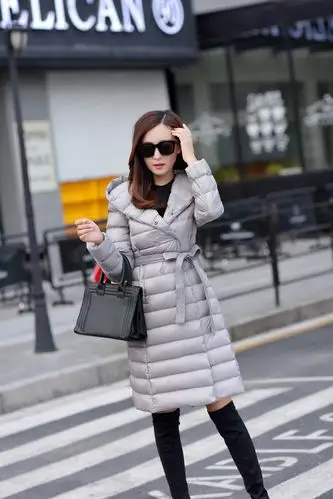 2016冬装新款女装羽绒服 韩版长款连帽双排扣腰带女外套 厂家批发