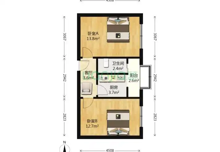 呼家楼南里2室1厅1卫50平米装修案例