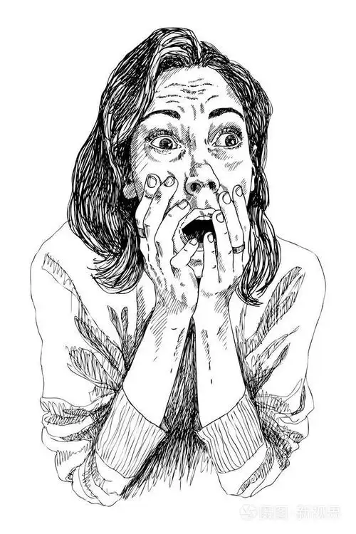 女人握着一只手靠近她的嘴.那个女孩很害怕.高详细手绘矢量图