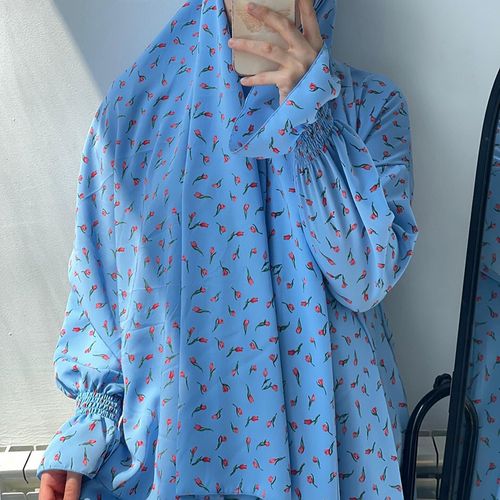 土耳其迪拜妇女盖头连衣裙碎花蝙蝠袖沙特阿拉伯头巾宽松新疆长裙