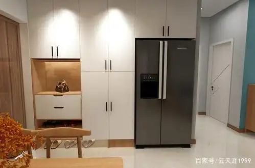 入户旁的鞋柜,收纳柜及嵌入式双开门冰箱组合,将空间利用至极.