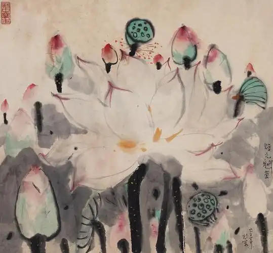 吴冠中荷镜心设色纸本