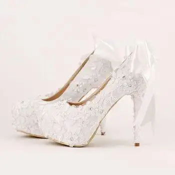 高跟鞋拍婚纱照 甜美白色蝴蝶结新娘鞋超高跟防水台细跟拍婚纱照蕾丝