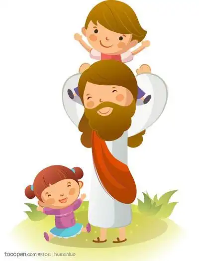 宗教卡通插画-与小朋友玩耍的耶稣