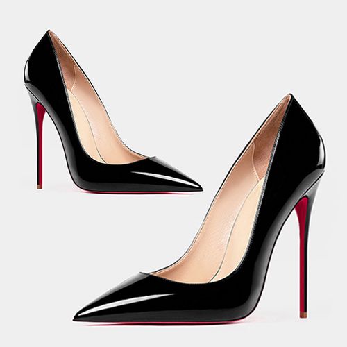 2022春季欧美红底超细高跟12cm尖头浅口裸色漆皮黑色正装大码单鞋