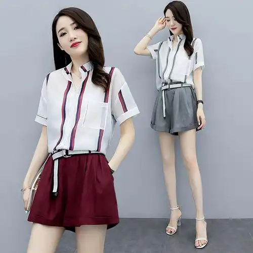 时尚棉麻套裤2020年夏季新款女装时尚休闲条纹上衣短裤两件套