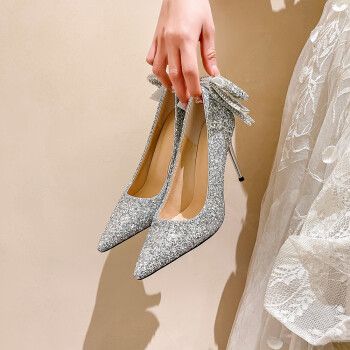 高跟鞋秋冬新款亮片水晶主纱婚鞋秀禾两穿新娘结婚礼服鞋 银色(8厘米)