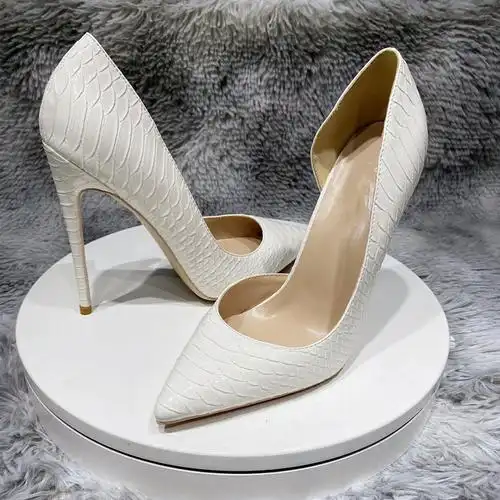 12cm白色蛇纹尖头细跟高跟鞋性感侧空浅口小清新少女白色单鞋10cm