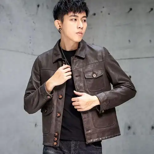 外套短款翻领修身皮夹克男潮韩版复古新款高端进口真水洗皮衣男士