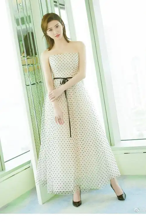 景甜明星同款点网黑点仙女抹胸礼服中长聚会连衣裙