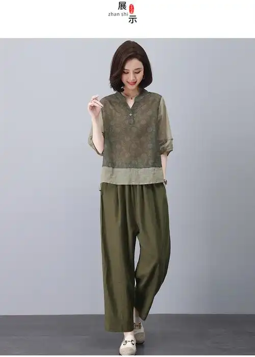 苎麻套装女夏季2023年新款中老年妈妈大码宽松洋气短袖棉麻两件套