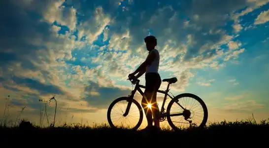 在草地上的车轮夕阳在草地上骑自行车的人照片