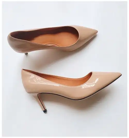 mornymoss品牌女细高跟鞋轻奢鹿皮里裸色漆皮尖头单鞋职业装工作鞋 裸