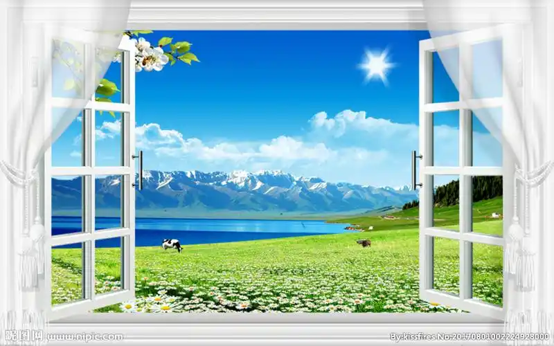 蓝天白云草地唯美3d假窗风景图片