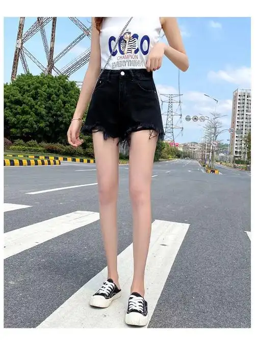 黑色牛仔裤女热裤破洞春夏短裤夏季女新款高腰显瘦毛边辣妹a字 - 17网