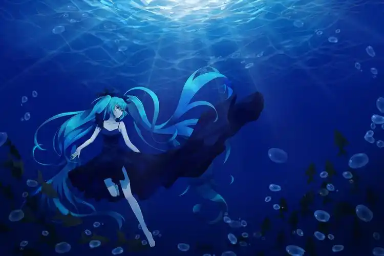 福利图哟 初音未来蓝色水中画风 高清动漫桌面壁纸图片