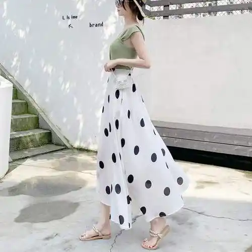 大波点半身裙雪纺中长款夏高腰a字白底黑点过膝长裙女白色斑点