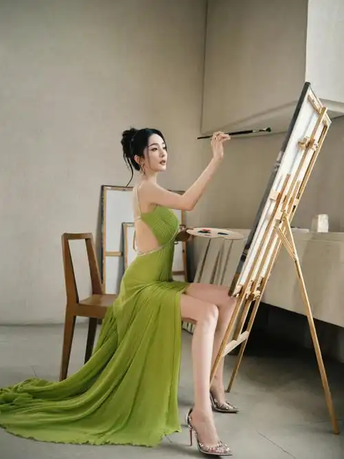 杨幂哄娃式撸猫#杨幂活动造型绿色露背裙 都是全身照#转发接龙开新年