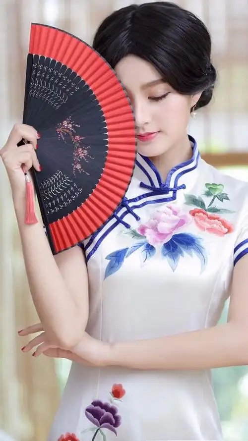 60navcon大红色女式手绘扇子折扇中国风古风汉服旗袍走秀折叠扇子跳