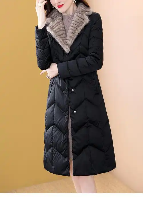 诗绪品牌黑色水貂毛领羽绒服女中长款冬季2019新款白鸭绒51236 黑色