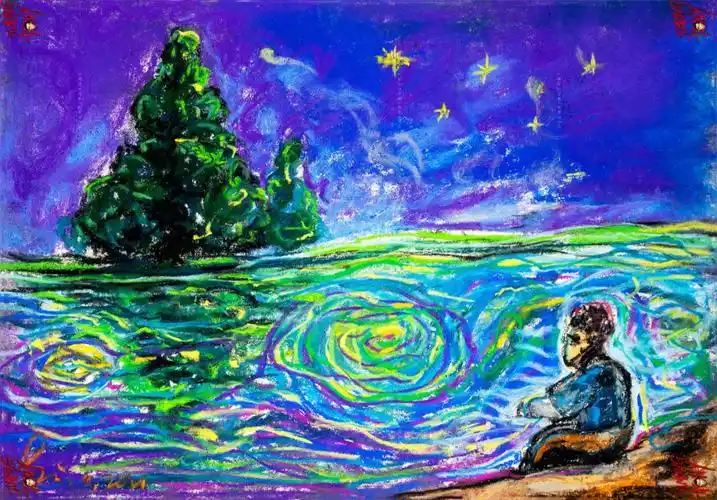 原创手绘色粉画夜晚在湖边的老人