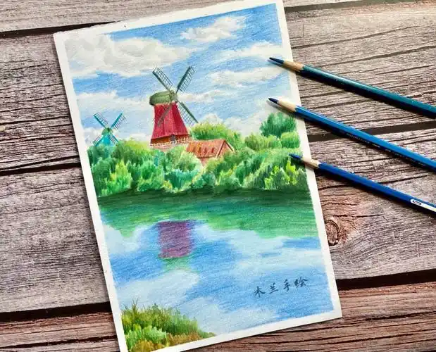唯美彩铅风景绘夏日风车