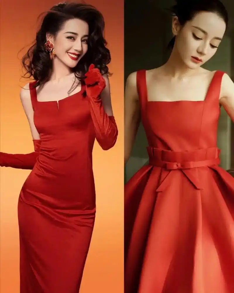 迪丽热巴近期2组红裙造型.迪丽热巴近期2组红裙造型,复古女郎 - 抖音