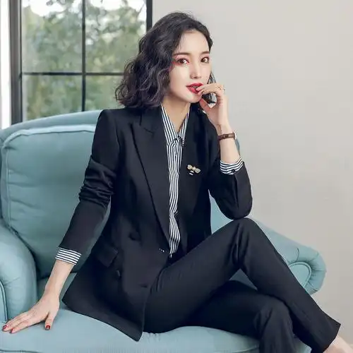 腾润服饰2021款春季通勤黑色二件套西服套装女士弹力西裤西装职业