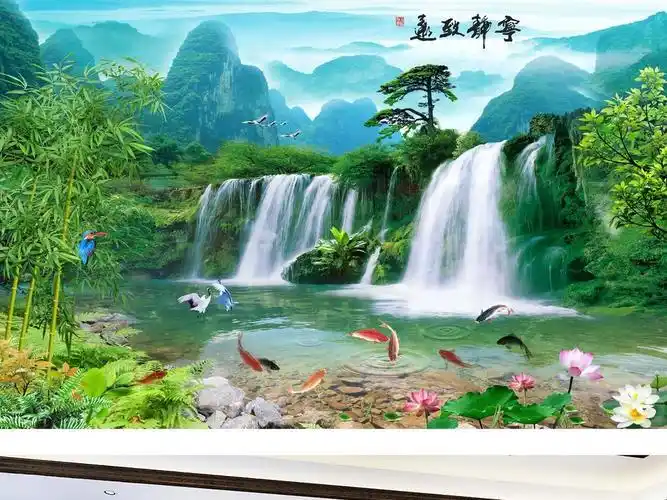 山水画图片流水生财九鱼图山水风景画玄关风景山水画图片山水风景画