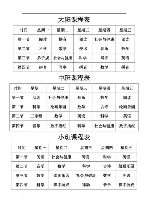 大中小班课程表
