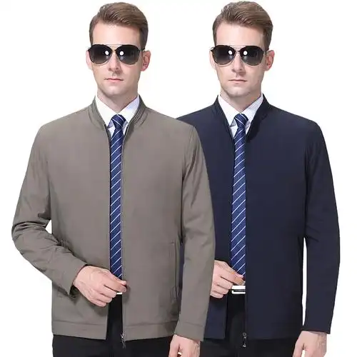 2023秋冬装新款桑蚕丝夹克男免烫衣服棒球领纯色青中年男士外套百搭