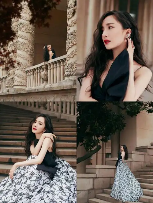 杨幂大蝴蝶结黑白撞色长裙