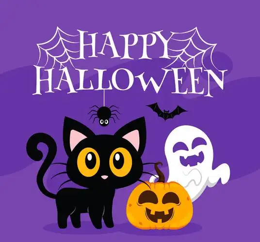卡通万圣节黑猫和幽灵矢量图