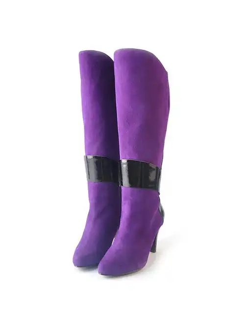 女款紫色羊猄/漆皮高跟尖头型超高靴