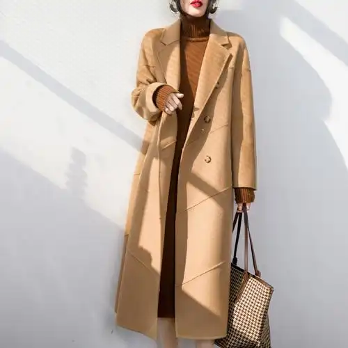 冬装新款卡其色水波纹羊绒羊毛呢子大衣女中长款树叶花型毛呢外套