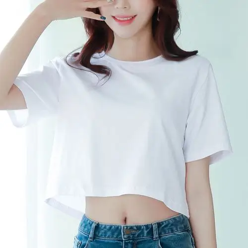 短款短袖超火纯棉恤潮纯色肚脐小心宽松生下t恤
