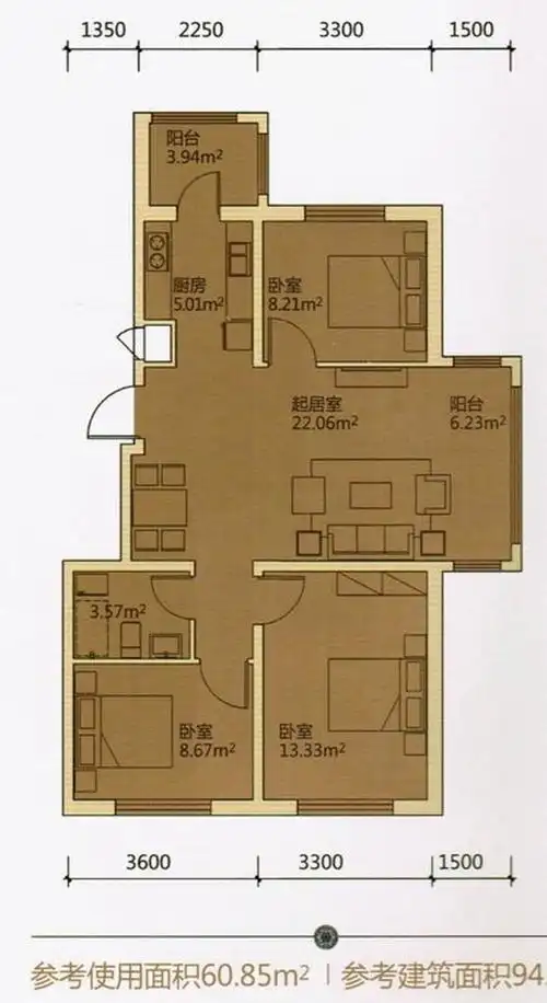 海富城: 海富城三室一厅一卫94㎡户型图