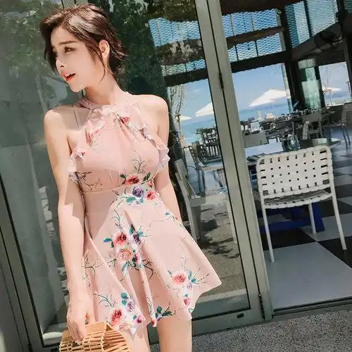 连体泳衣女裙式保守学生遮肚显瘦韩国时尚大码游泳衣泡温泉度假_7折