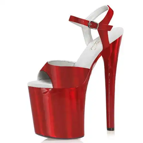 20cm亮面红色纯色性感钢管舞高跟透明恨天高凉鞋鱼嘴模特走秀夜店