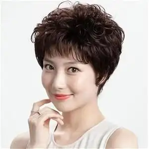 短发假士套女发短发卷发全头然z式自g套中老年人送妈妈款时尚烫发