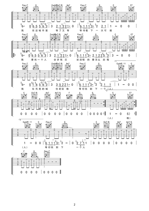 一个人一座城吉他谱 f调六线谱-精选版-曹寅1