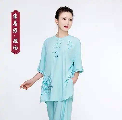 太极服女刺绣亚麻棉麻新款夏季中老年太极拳衣服服i装练功服短袖