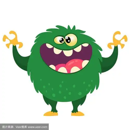 快乐的卡通怪物大嘴巴满是牙齿.矢量绿色怪物插图.万圣节设计