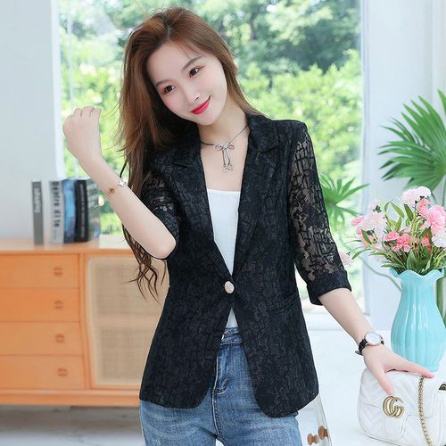 2021新款夏季蕾丝镂空七分袖小西装女外套网纱薄修身西服上衣披肩