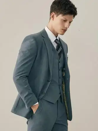 新郎结婚礼服正装2023新款商务休闲西装男士 灰蓝色(上衣 马甲 裤子)