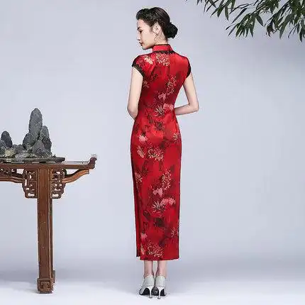 钱塘佳人桑蚕丝红色改良版长款旗袍